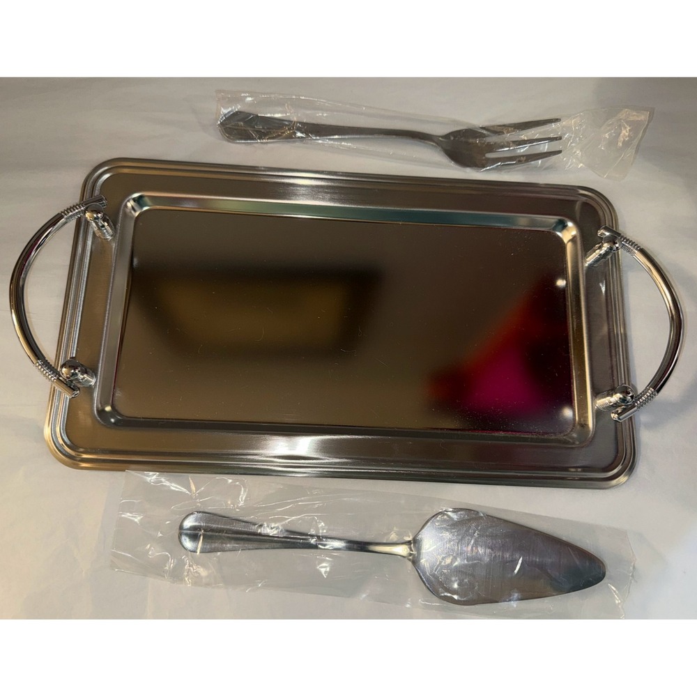 Brand New ULTA Beauty STAINLESS STEEL 3 PC SERVING SET 8x14 TRAY & Utensils